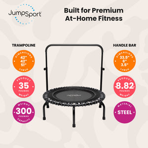 JumpSport 350 Series 39" Fitness Trampoline & Handle Bar Bundle, Adjustable Bungees, Stable No-Tip Arched Legs, & 60 Day Streaming Trial