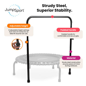 JumpSport 350 Series 39" Fitness Trampoline & Handle Bar Bundle, Adjustable Bungees, Stable No-Tip Arched Legs, & 60 Day Streaming Trial