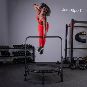 JumpSport 350 Series 39" Fitness Trampoline & Handle Bar Bundle, Adjustable Bungees, Stable No-Tip Arched Legs, & 60 Day Streaming Trial