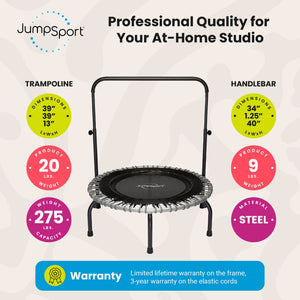 JumpSport 350 Series 39" Fitness Trampoline & Handle Bar Bundle, Adjustable Bungees, Stable No-Tip Arched Legs, & 60 Day Streaming Trial