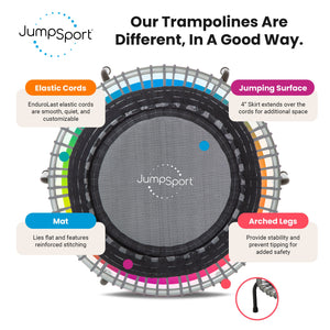 JumpSport 350 Series 39" Fitness Trampoline & Handle Bar Bundle, Adjustable Bungees, Stable No-Tip Arched Legs, & 60 Day Streaming Trial