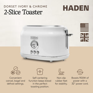 Haden Dorset 2 Slice Extra Wide Slot Stainless Steel Toaster with Tray, Ivory