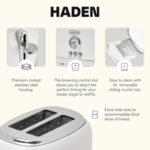 Haden Dorset 2 Slice Extra Wide Slot Stainless Steel Toaster with Tray, Ivory