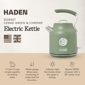 Haden Dorset 1.7 Liter Electric Water Kettle with 360-Degree Base, Cedar Green - TRAPSKI