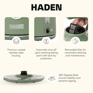 Haden Dorset 1.7 Liter Electric Water Kettle with 360-Degree Base, Cedar Green - TRAPSKI