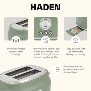 Haden Dorset 2 Slice Wide Slot Stainless Steel Toaster, Cedar Green & Chrome