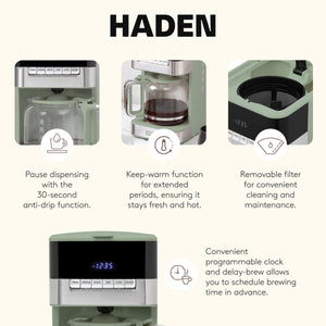 Haden Programmable Drip Coffee Maker, 12 Cup Cafe Machine & Carafe, Green/Chrome