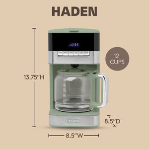 Haden Programmable Drip Coffee Maker, 12 Cup Cafe Machine & Carafe, Green/Chrome