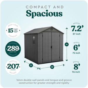 Keter Darwin 6x8 Foot Outdoor Garden Storage Shed with 40 Inch Steel Shelf Kit