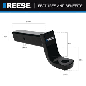 REESE Trailer Hitch Ball Mount, Fits 2.5" Receiver, 5" Drop, 13,000 lbs, Black