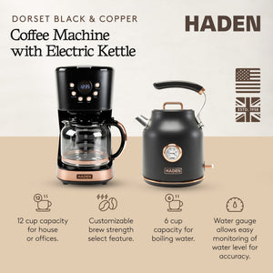 Haden Dorset 1.7L Electric Water Kettle & 12 Cup Coffee Maker, Black & Copper