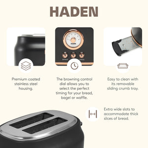 Haden Dorset Electric Water Kettle & 2 Slice Wide Slot Toaster, Black & Copper