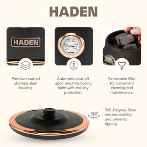 Haden Dorset Electric Water Kettle & 2 Slice Wide Slot Toaster, Black & Copper