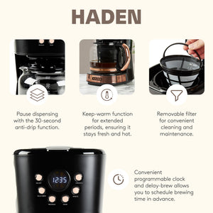 Haden Dorset 2 Slice Wide Slot Toaster & 12 Cup Coffee Maker, Black & Copper