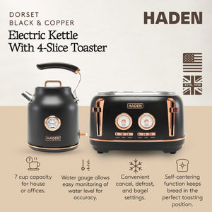 Haden Dorset Electric Water Kettle & 4 Slice Wide Slot Toaster, Black & Copper