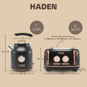 Haden Dorset Electric Water Kettle & 4 Slice Wide Slot Toaster, Black & Copper