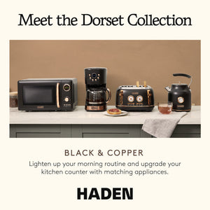 Haden Dorset Electric Water Kettle & 4 Slice Wide Slot Toaster, Black & Copper