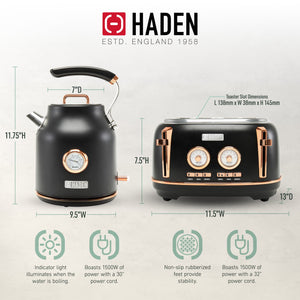 Haden Dorset Electric Water Kettle & 4 Slice Wide Slot Toaster, Black & Copper