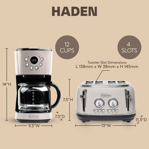 Haden Dorset 12 Cup Coffee Maker & 4 Slice Wide Slot Toaster, Putty & Chrome - TRAPSKI