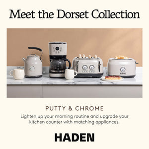 Haden Dorset 12 Cup Coffee Maker & 4 Slice Wide Slot Toaster, Putty & Chrome - TRAPSKI