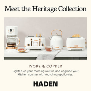 Haden Heritage 2 Slice Wide Slot Toaster & 12 Cup Coffee Maker, Ivory & Copper - TRAPSKI
