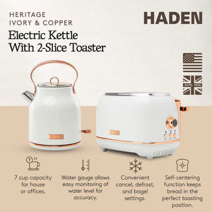 Haden Heritage 2 Slice Wide Slot Toaster & Electric Water Kettle, Ivory & Copper - TRAPSKI