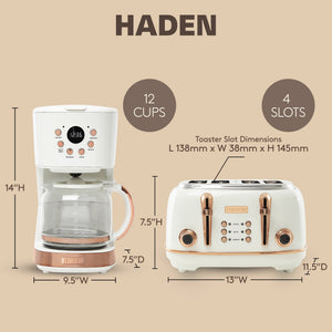 Haden Heritage 4 Slice Wide Slot Toaster & 12 Cup Coffee Maker, Ivory & Copper