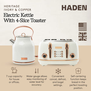 Haden Heritage 4 Slice Wide Slot Toaster & Electric Water Kettle, Ivory & Copper
