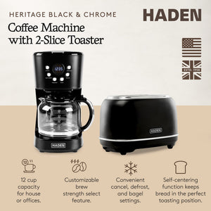 Haden 12 Cup Coffee Maker & Heritage 2 Slice Wide Slot Toaster, Black & Chrome