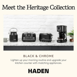 Haden 12 Cup Coffee Maker & Heritage 2 Slice Wide Slot Toaster, Black & Chrome