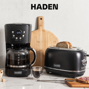 Haden 12 Cup Coffee Maker & Heritage 2 Slice Wide Slot Toaster, Black & Chrome