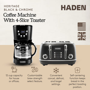 Haden Heritage 4 Slice Wide Slot Toaster & 12 Cup Coffee Maker, Black & Chrome - TRAPSKI