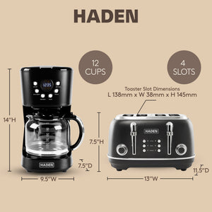 Haden Heritage 4 Slice Wide Slot Toaster & 12 Cup Coffee Maker, Black & Chrome - TRAPSKI