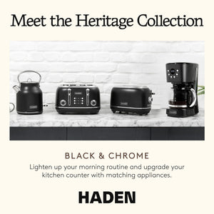 Haden Heritage 4 Slice Wide Slot Toaster & 12 Cup Coffee Maker, Black & Chrome - TRAPSKI