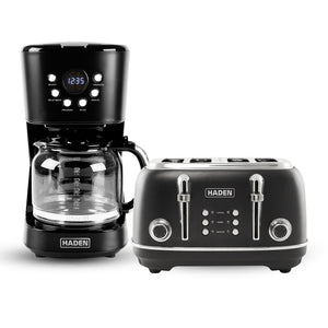Haden Heritage 4 Slice Wide Slot Toaster & 12 Cup Coffee Maker, Black & Chrome - TRAPSKI