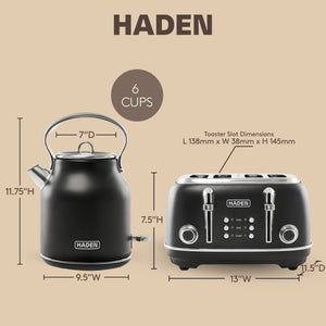 Haden Heritage 4 Slice Wide Slot Toaster & Electric Water Kettle, Black & Chrome