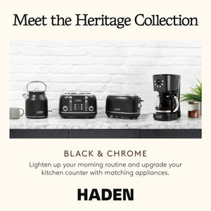 Haden Heritage 4 Slice Wide Slot Toaster & Electric Water Kettle, Black & Chrome