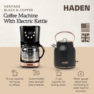 Haden Heritage 1.7 Liter Electric Kettle & 12 Cup Coffee Maker, Black & Copper