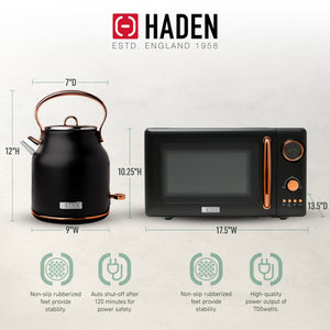 Haden Heritage 1.7L Electric Water Kettle & Compact Microwave, Black & Copper