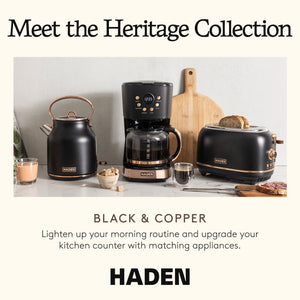Haden Heritage Electric Water Kettle & 2 Slice Wide Slot Toaster, Black & Copper