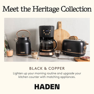 Haden Heritage 2 Slice Wide Slot Toaster & 12 Cup Coffee Maker, Black & Copper
