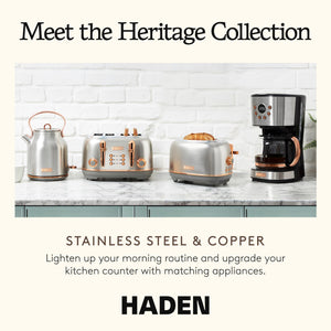 Haden Heritage 12 Cup Coffee Maker & 2 Slice Wide Slot Toaster Set, Steel/Copper