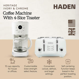 Haden Heritage 4 Slice Wide Slot Toaster & 12 Cup Coffee Maker, Ivory & Chrome - TRAPSKI