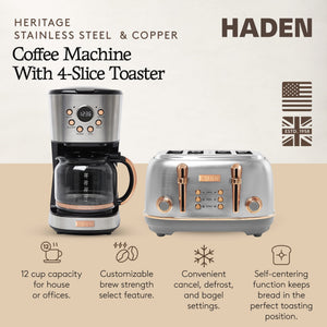 Haden Heritage 4 Slice Wide Slot Toaster & 12 Cup Coffee Maker, Steel & Copper