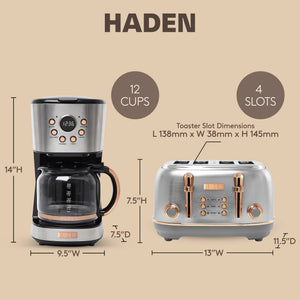 Haden Heritage 4 Slice Wide Slot Toaster & 12 Cup Coffee Maker, Steel & Copper