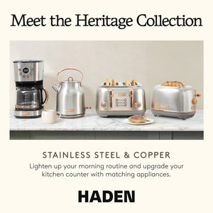 Haden Heritage 4 Slice Wide Slot Toaster & 12 Cup Coffee Maker, Steel & Copper