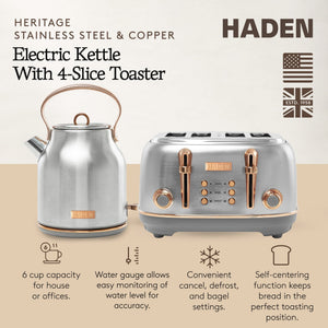 Haden Heritage 4 Slice Wide Slot Toaster & Electric Water Kettle, Steel & Copper