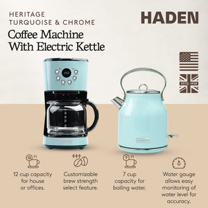 Haden 12 Cup Coffee Maker & Heritage 1.7L Electric Kettle, Turquoise & Chrome
