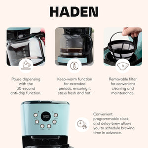 Haden 12 Cup Coffee Maker & Heritage 1.7L Electric Kettle, Turquoise & Chrome