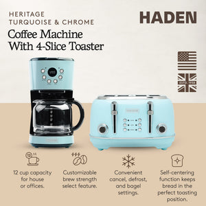 Haden Coffee Maker & Heritage 4 Slice Wide Slot Toaster, Turquoise & Chrome - TRAPSKI
